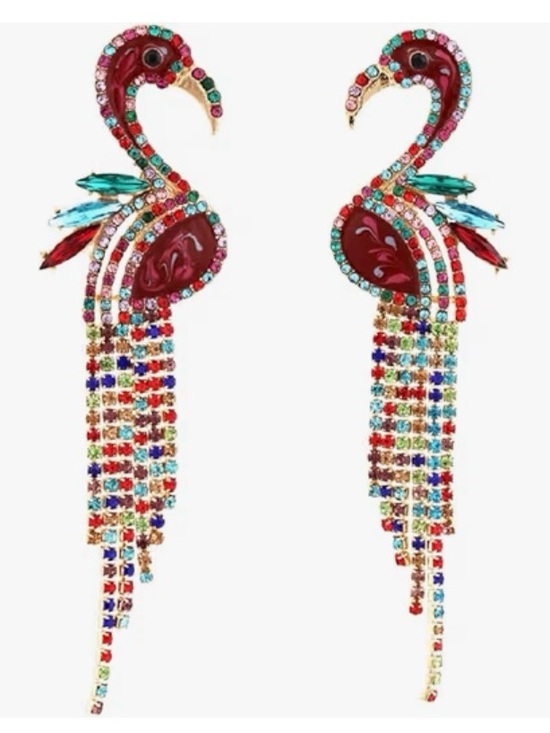 Natasha Jewelry - New Natasha Colorful Flamingo Drop Earrings - Red Multi-Color Crystal Fringe